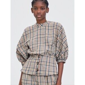 Zara Plaid Balloon Sleeve Top with button front